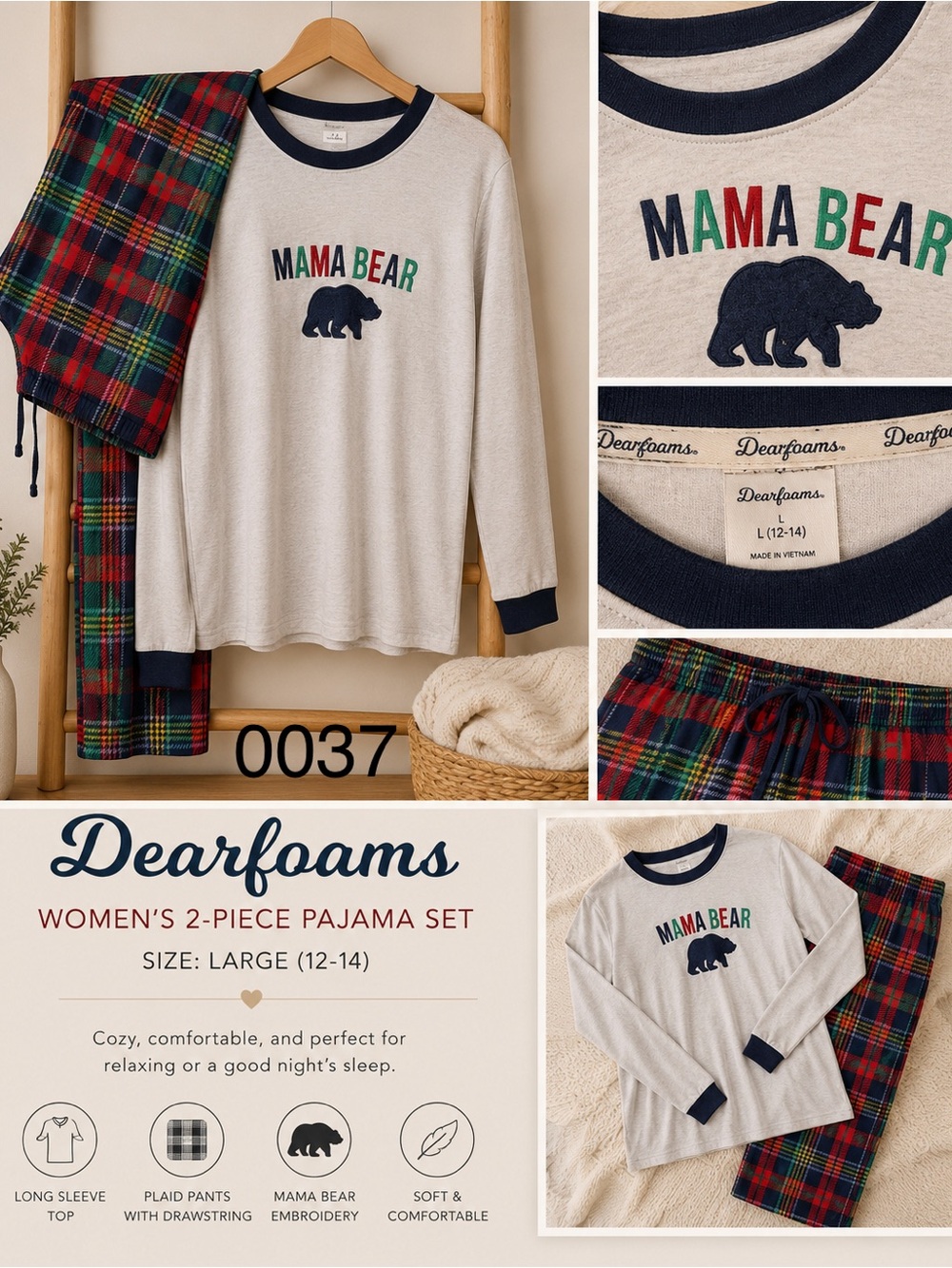 dearfoams Cream 'Mama Bear' Pajama Set with Red & Green Plaid Pants